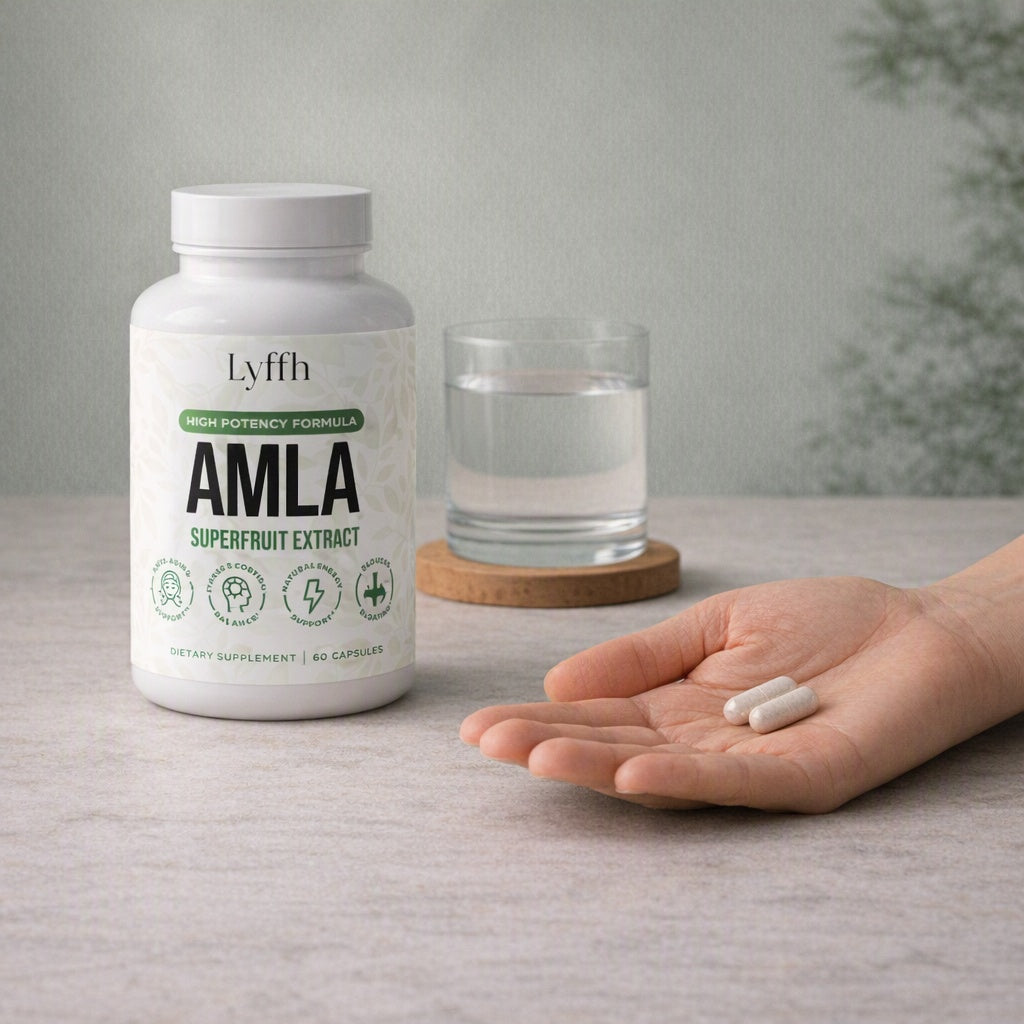Amla Superfruit Capsules bottle with a glass of water and two capsules in a hand