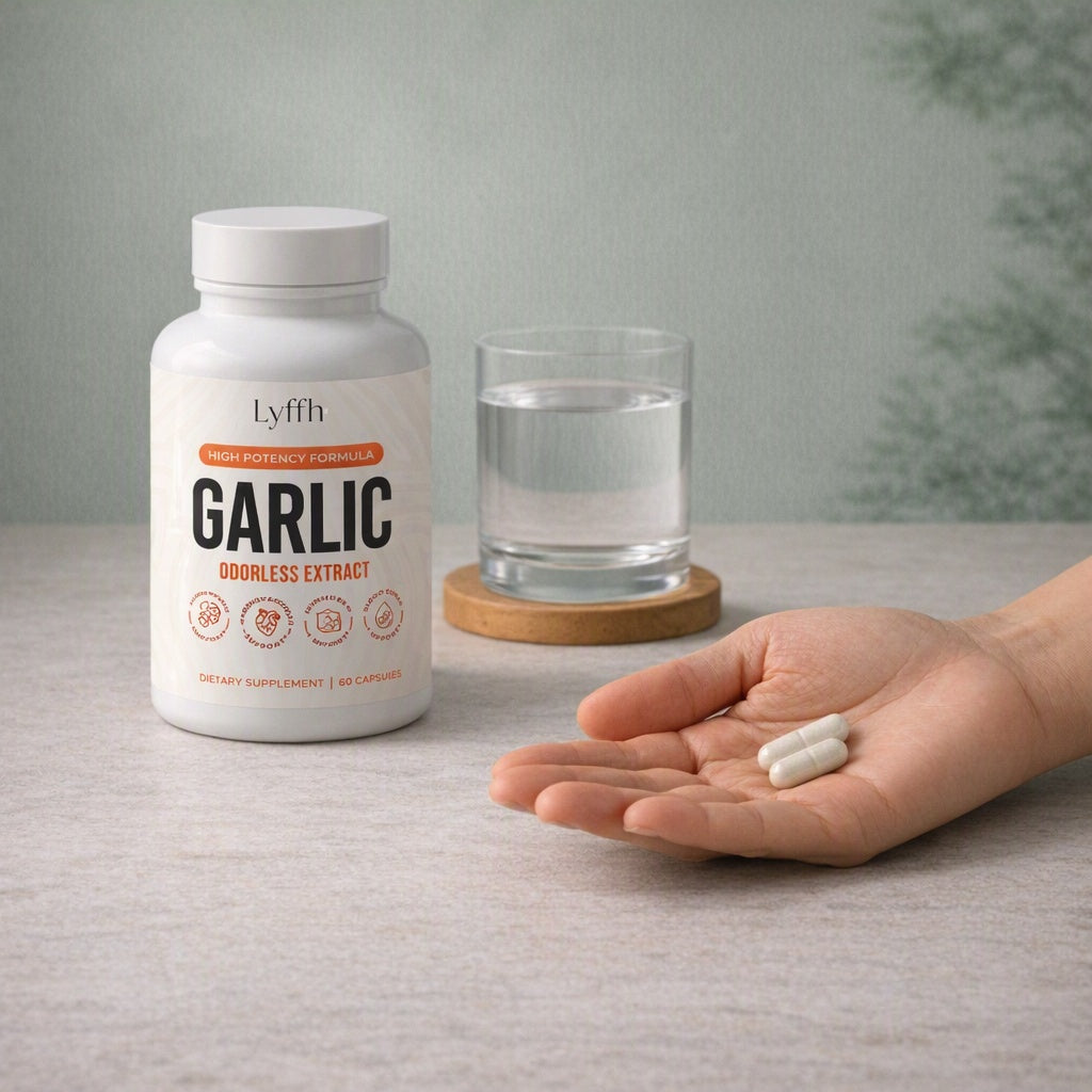 Odorless Garlic Extract Capsules bottle with a glass of water and two capsules in a hand