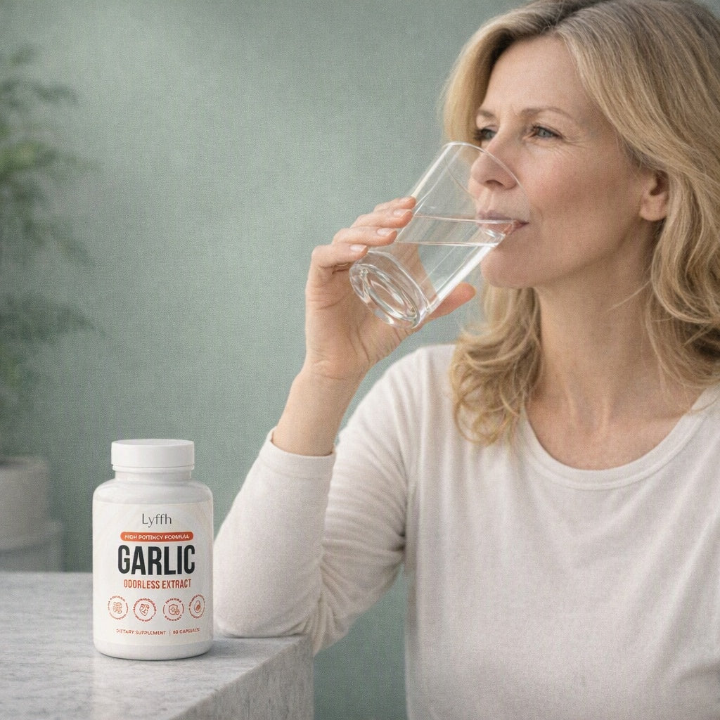 A person drinking a glass of water with the Odorless Garlic Extract Capsules bottle beside them