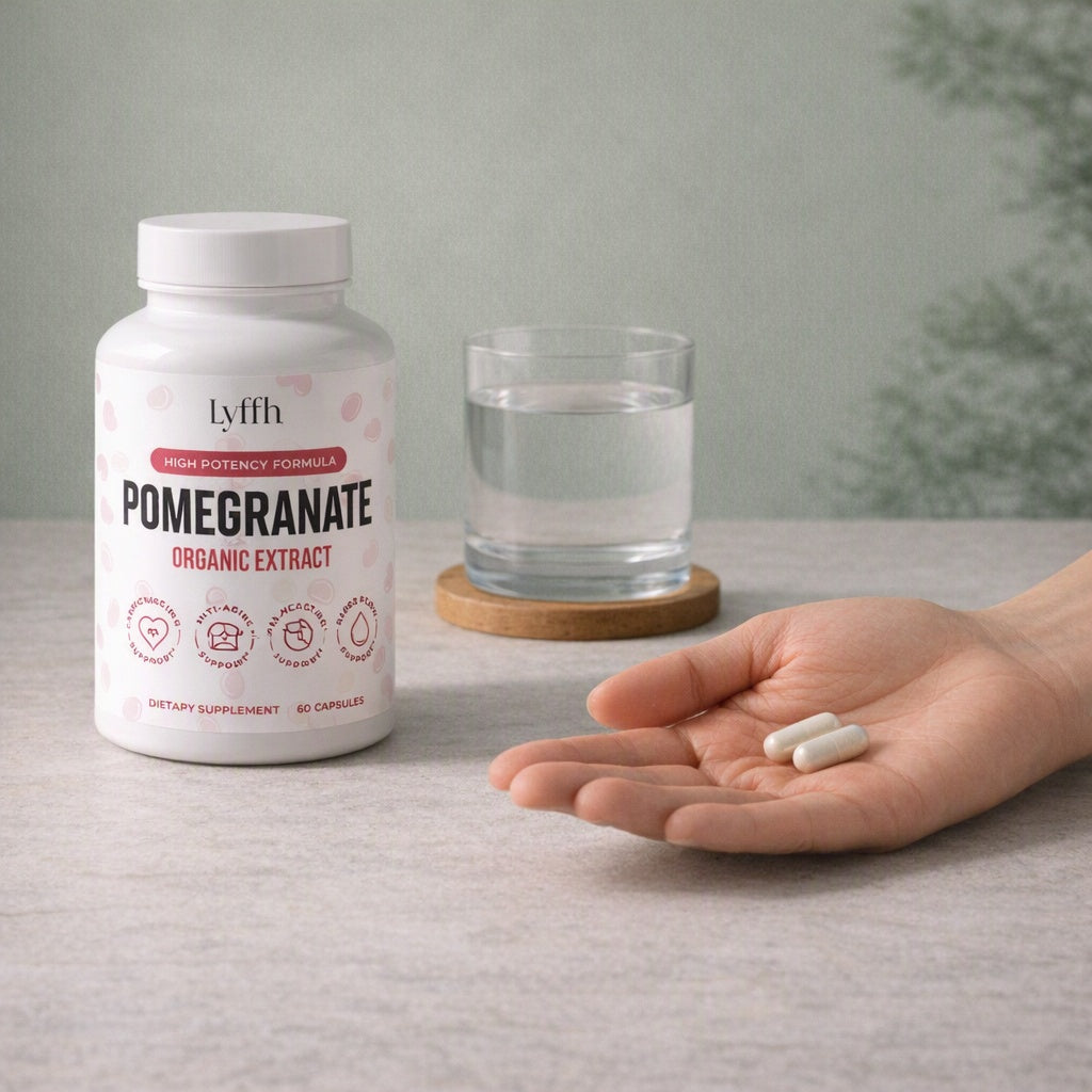 Organic Pomegranate Extract Capsules bottle with a glass of water and two capsules in a hand