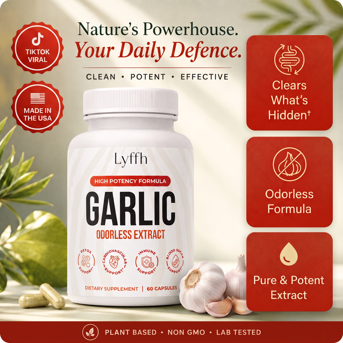 Odorless Garlic Extract Capsules bottle with clean, potent and effective callouts