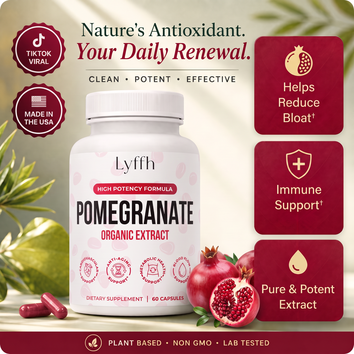 Organic Pomegranate Extract Capsules bottle with clean, potent and effective callouts