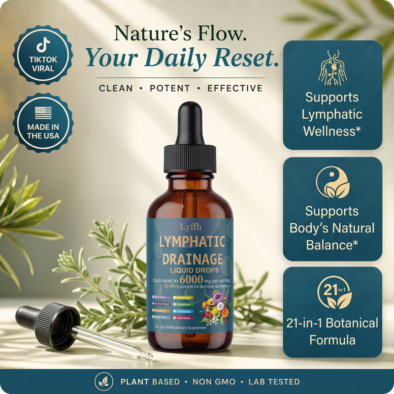 Lymphatic Drainage Drops bottle with clean, potent and effective callouts