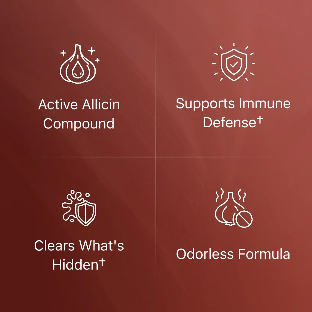 Garlic benefits: active allicin compound, immune defence, clears what is hidden, odorless formula