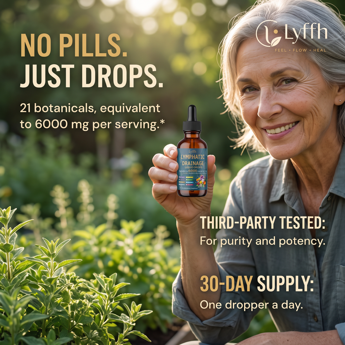 A hand holding the Lymphatic Drainage Drops bottle in a herb bed, 21 botanicals, 6000 mg per serving