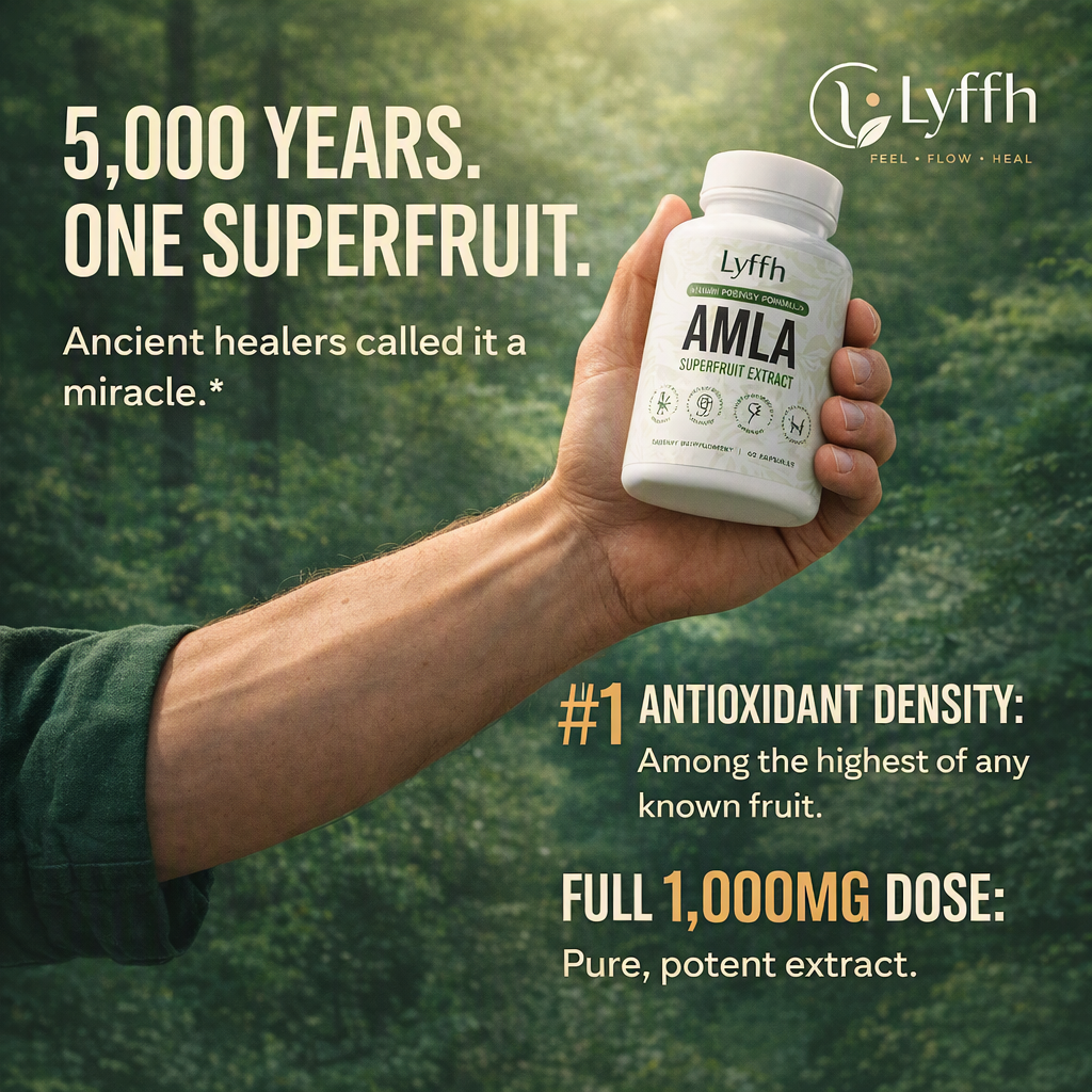 A hand holding the Amla bottle in a forest, with the full 1,000mg dose called out