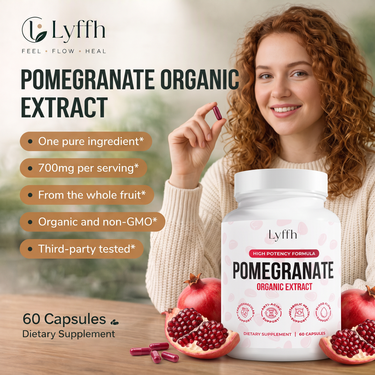 Pomegranate Organic Extract: one pure ingredient, 700mg per serving, from the whole fruit, organic, non-GMO and third-party tested, 60 capsules