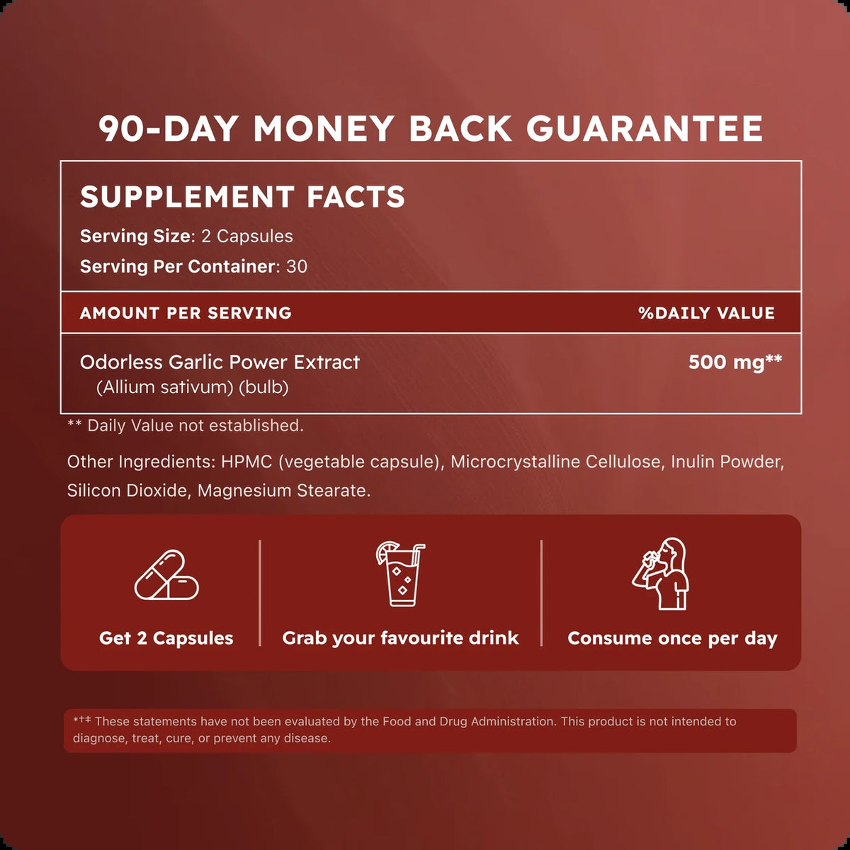 Garlic supplement facts: 2 capsules per serving, 30 servings, 500 mg odorless garlic power extract