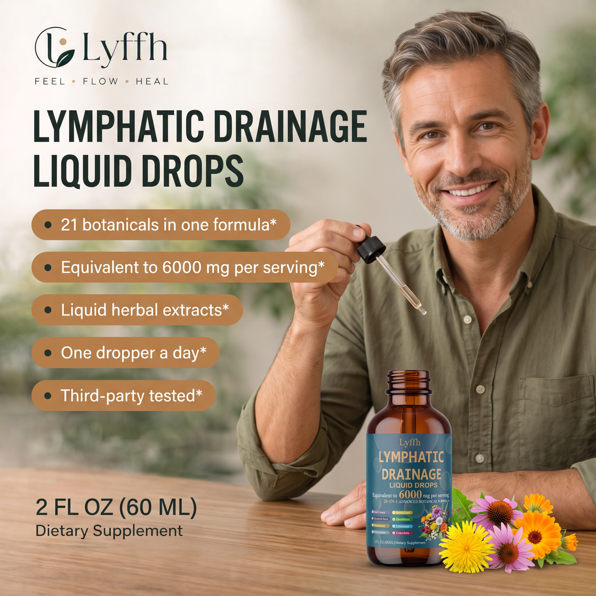 Lymphatic Drainage Liquid Drops: 21 botanicals, 6000 mg per serving, third-party tested, 2 fl oz