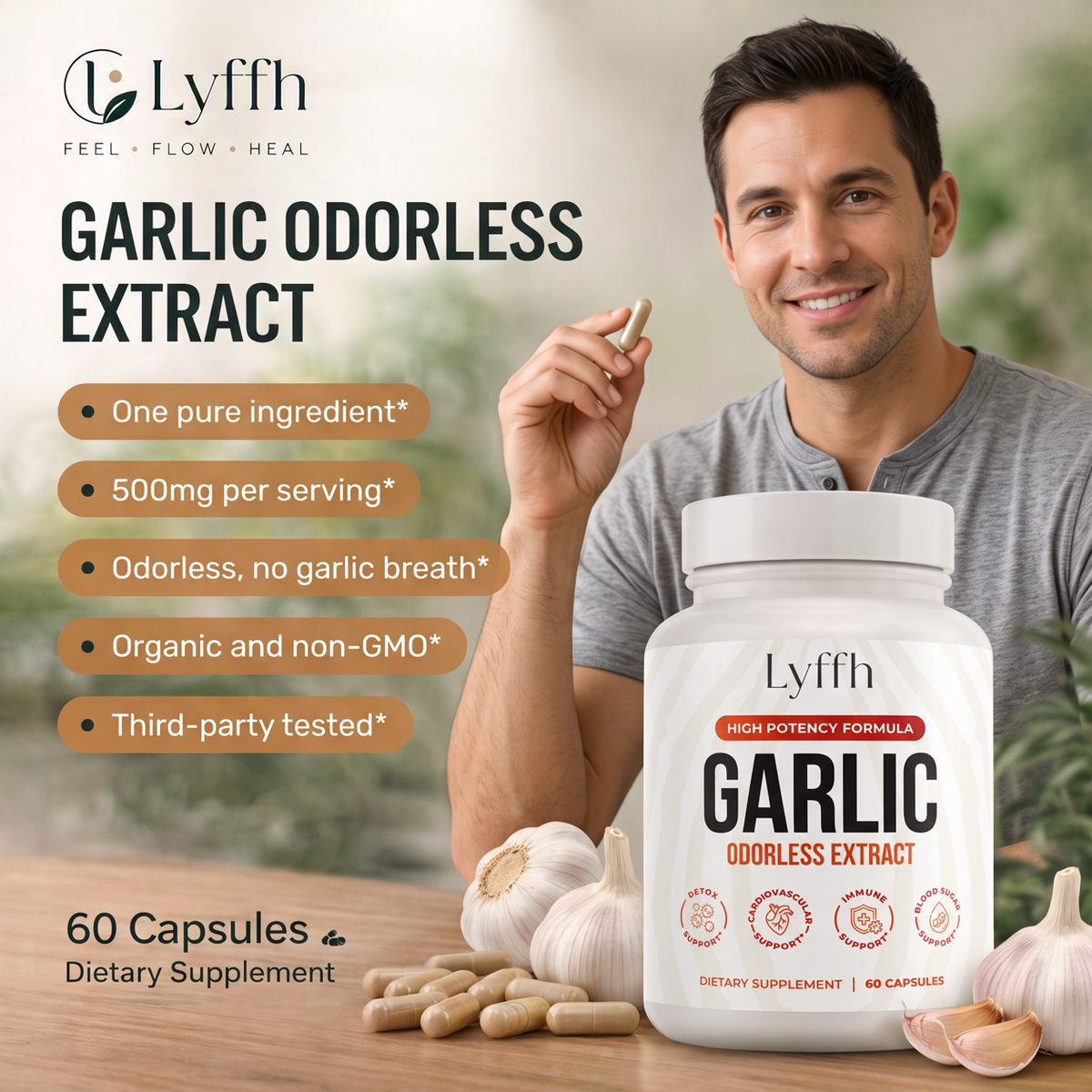 Garlic Odorless Extract: one pure ingredient, 500mg per serving, odorless, organic, non-GMO and third-party tested, 60 capsules