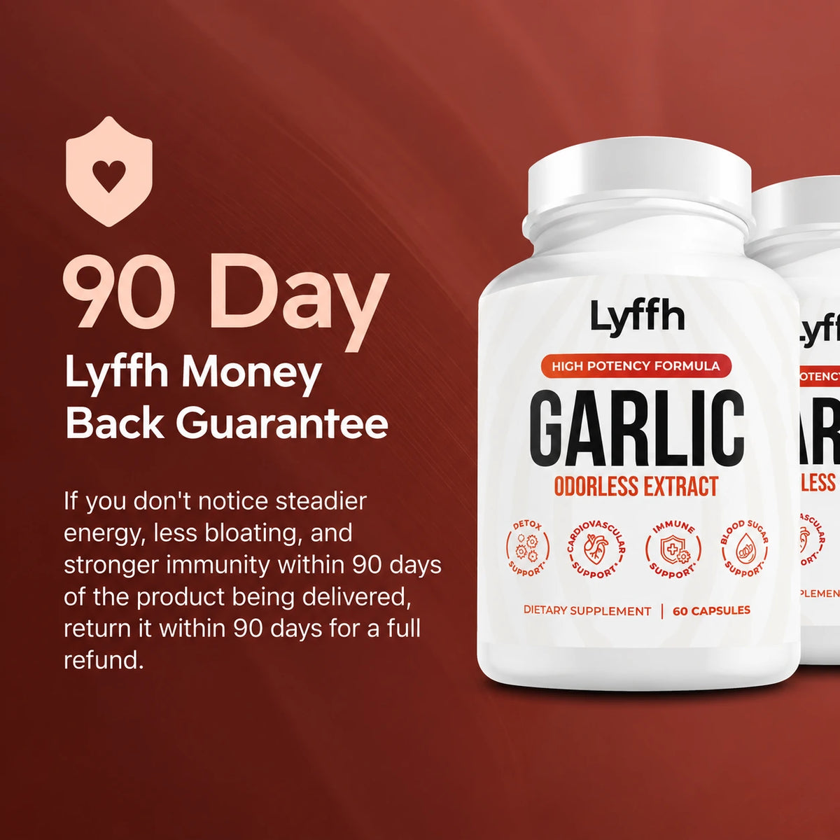 90-Day Lyffh money back guarantee on Odorless Garlic Extract Capsules