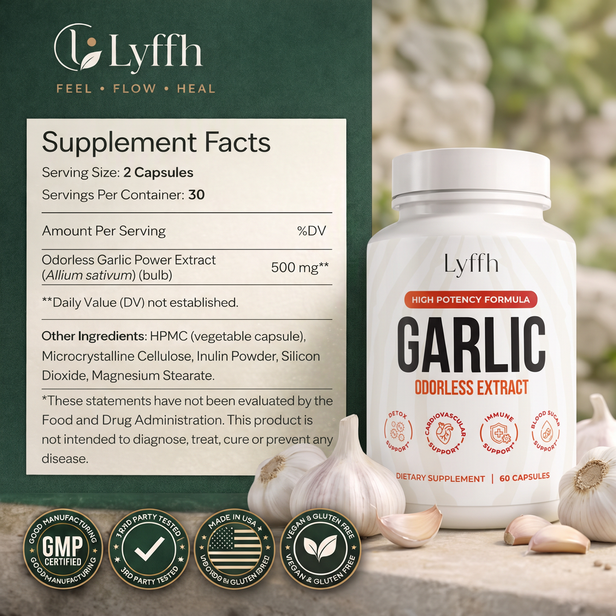Odorless Garlic Extract Capsules supplement facts panel: 2 capsules per serving, 30 servings, 500 mg odorless garlic power extract