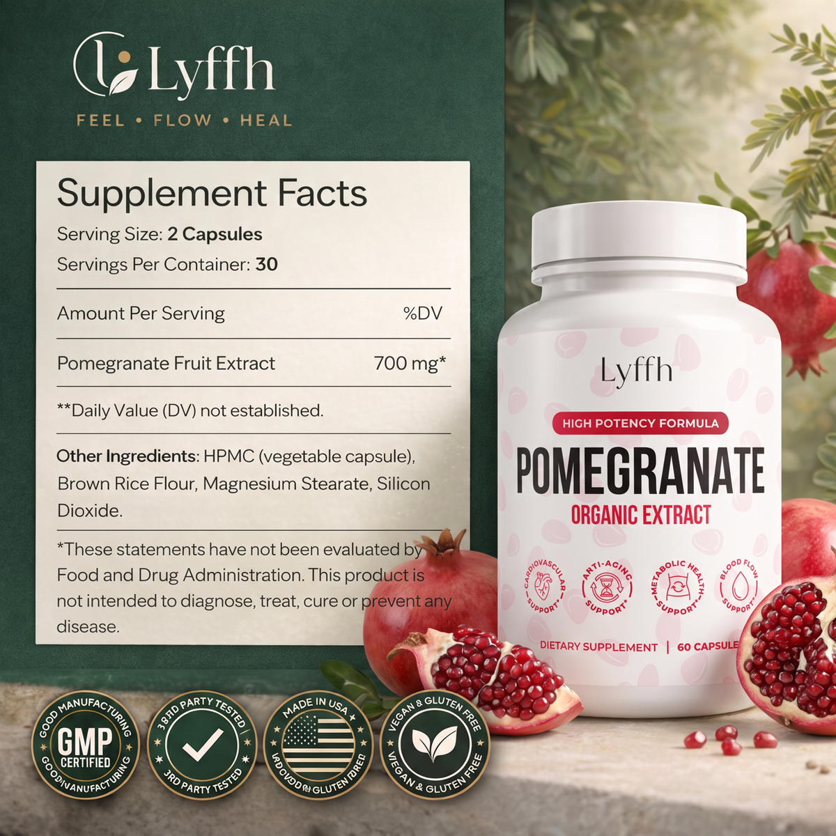 Organic Pomegranate Extract Capsules supplement facts panel: 2 capsules per serving, 30 servings, 700 mg pomegranate fruit extract