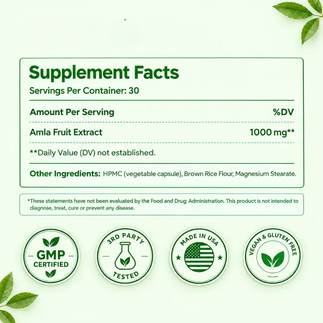 Supplement Facts: 30 servings, 1000 mg Amla fruit extract per serving; HPMC capsule, brown rice flour, and magnesium stearate