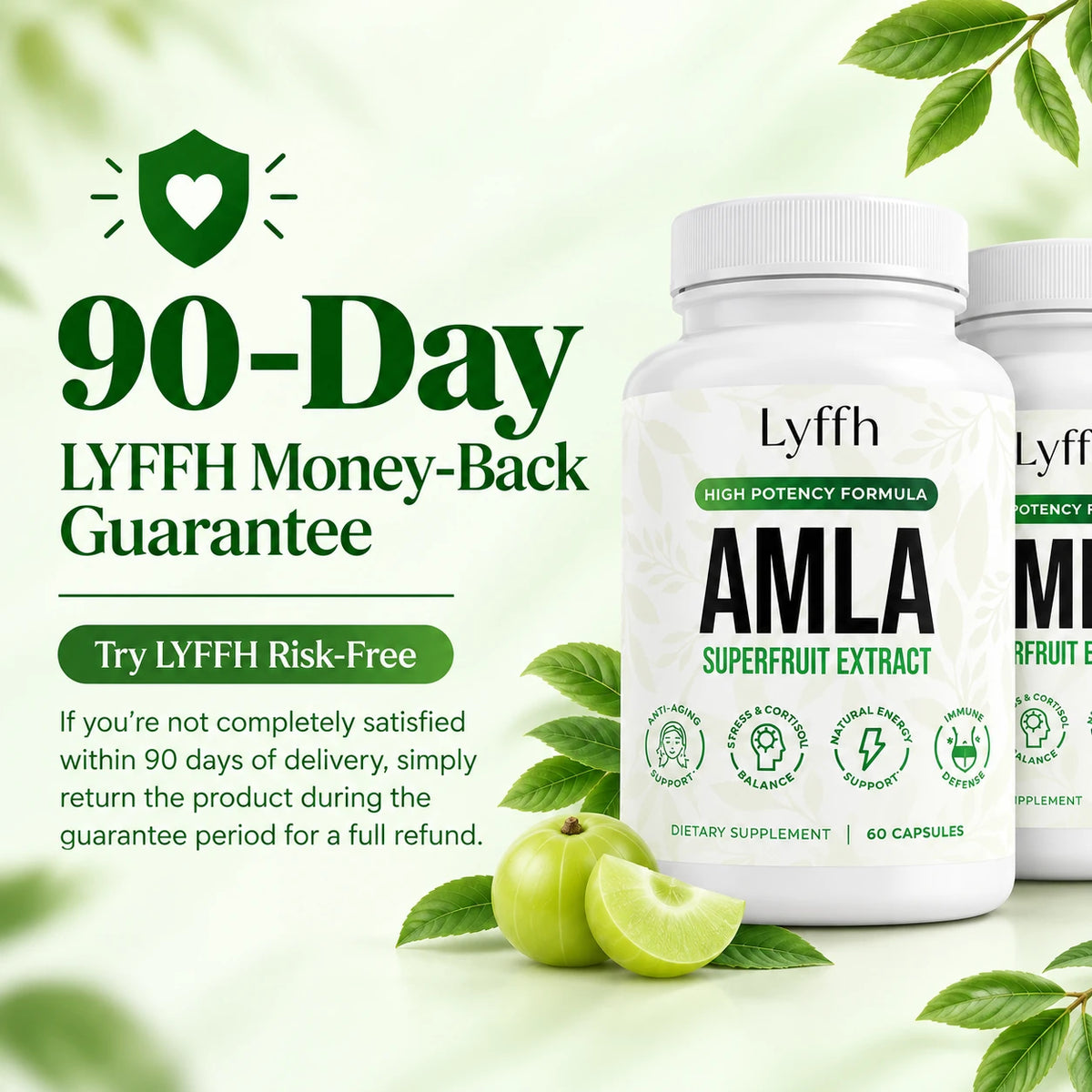 90-day guarantee and Amla bottles