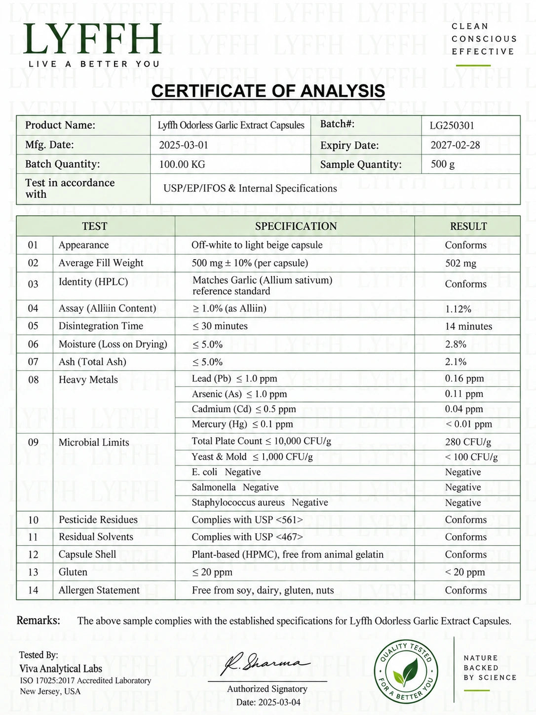 Lyffh Odorless Garlic Extract Certificate of Analysis from an independent third-party lab