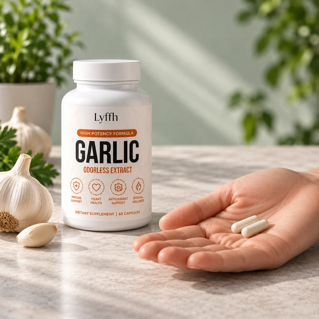 Odorless Garlic Extract Capsules bottle beside a hand holding two capsules
