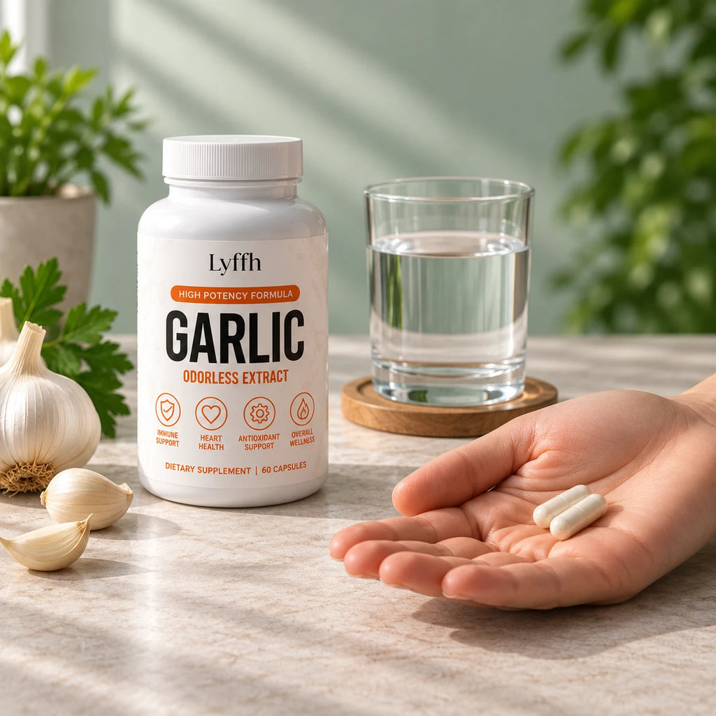 Odorless Garlic Extract Capsules bottle with a glass of water and two capsules in a hand