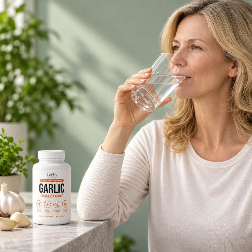 A person drinking a glass of water with the Odorless Garlic Extract Capsules bottle beside them