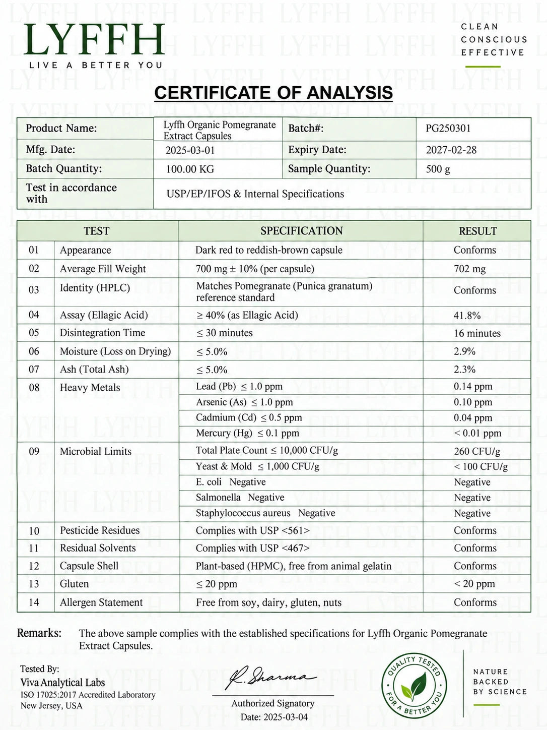 Lyffh Organic Pomegranate Extract Certificate of Analysis from an independent third-party lab