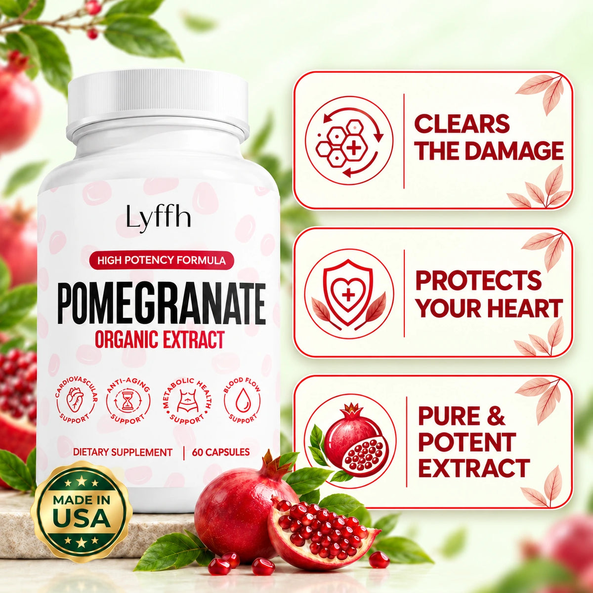 Lyffh Pomegranate bottle and circulation callouts