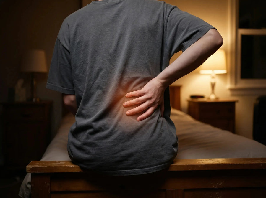 Person holding their lower back while sitting on a bed
