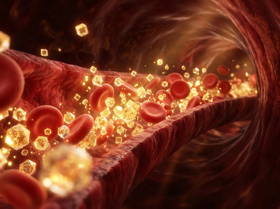 Illustration of blood cells and sugar particles in a blood vessel