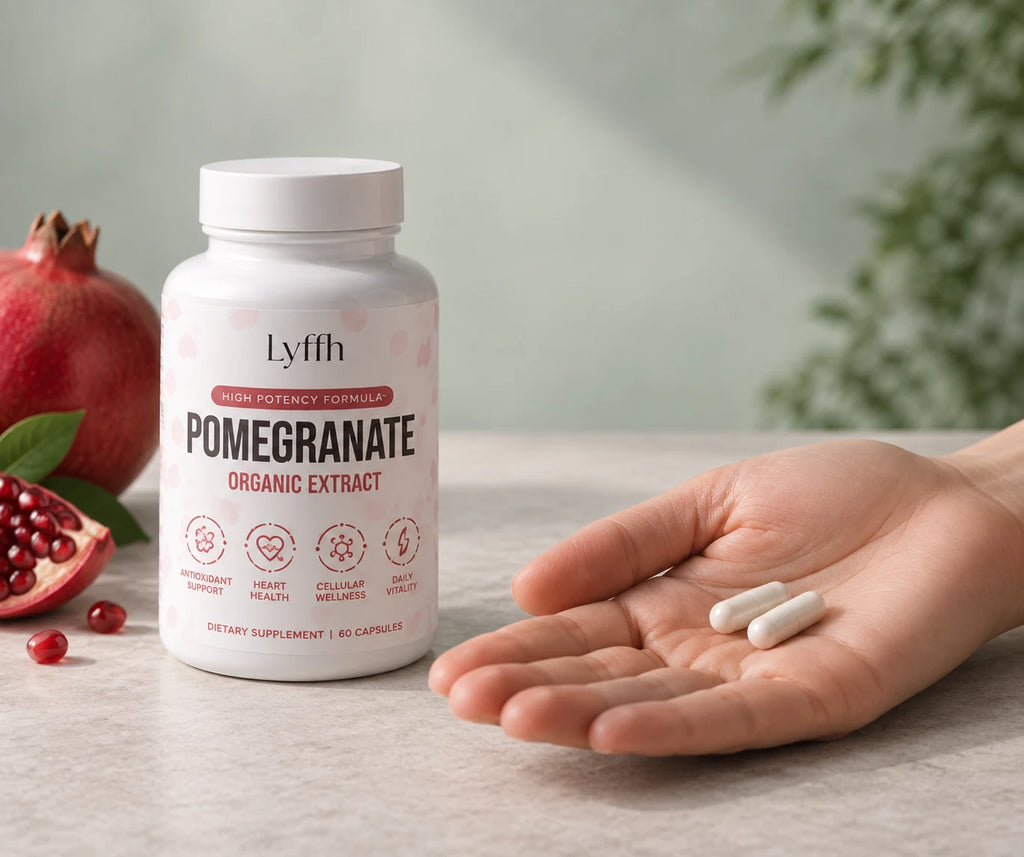 Organic Pomegranate Extract Capsules bottle beside a hand holding two capsules