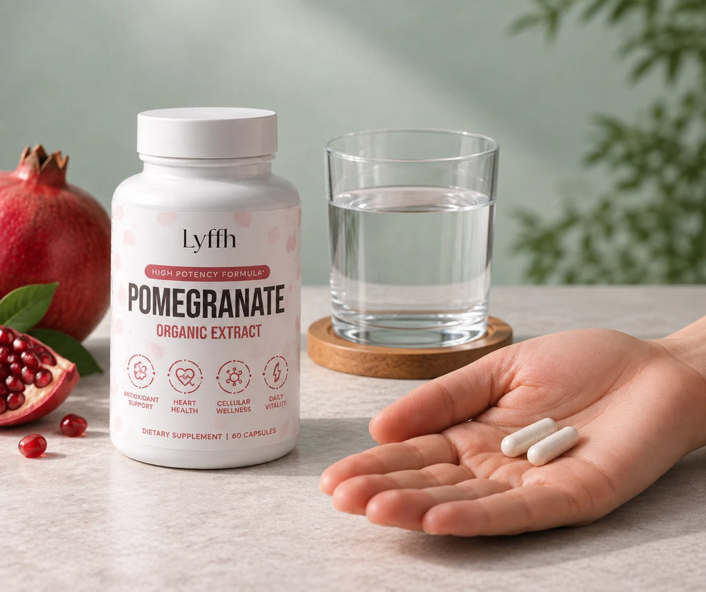 Organic Pomegranate Extract Capsules bottle with a glass of water and two capsules in a hand