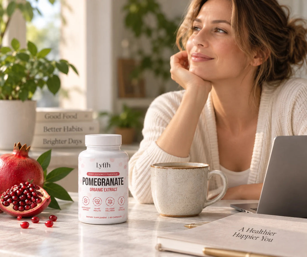 A person drinking a glass of water with the Organic Pomegranate Extract Capsules bottle beside them
