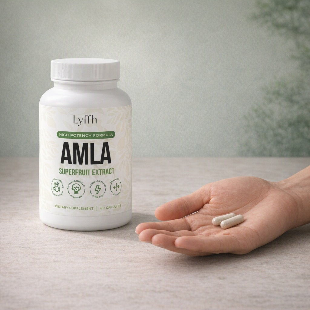 Amla Superfruit Capsules bottle beside a hand holding two capsules