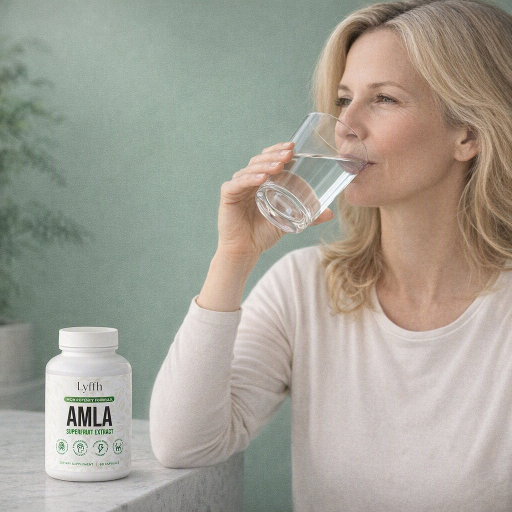 A person drinking a glass of water with the Amla Superfruit Capsules bottle beside them