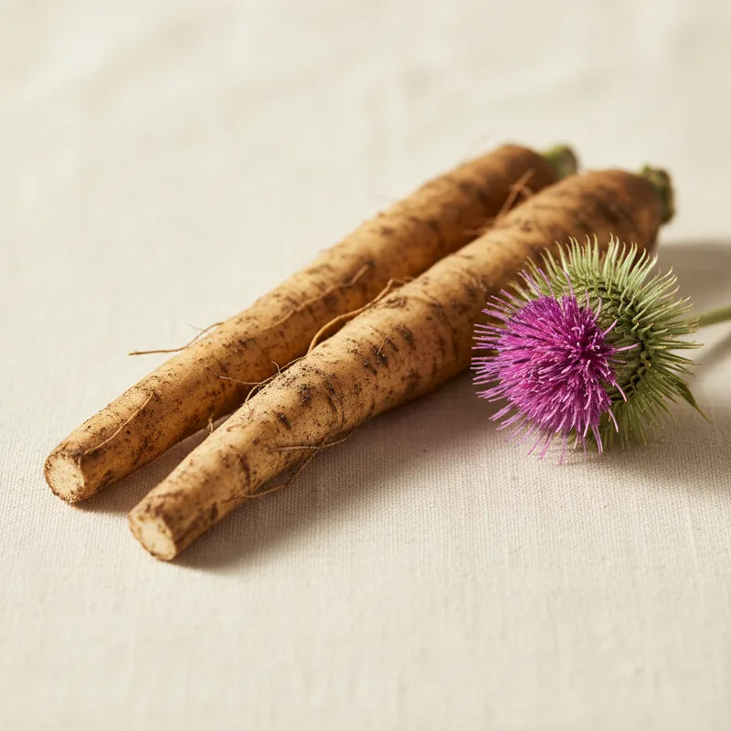 Two freshly dug burdock roots beside a purple burdock thistle flower