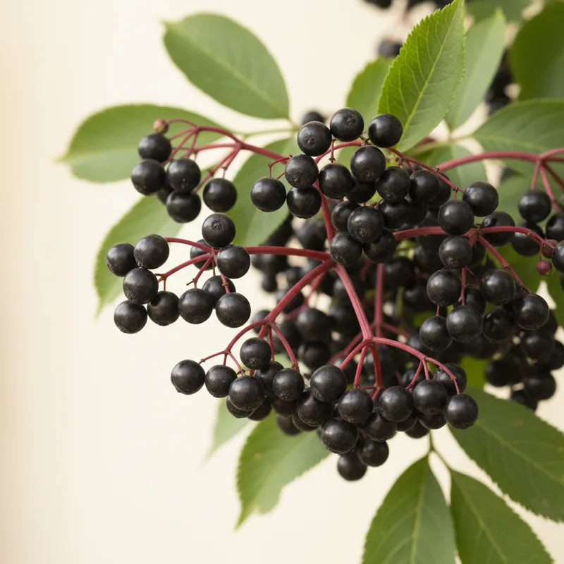 A cluster of dark purple elderberries on red stems