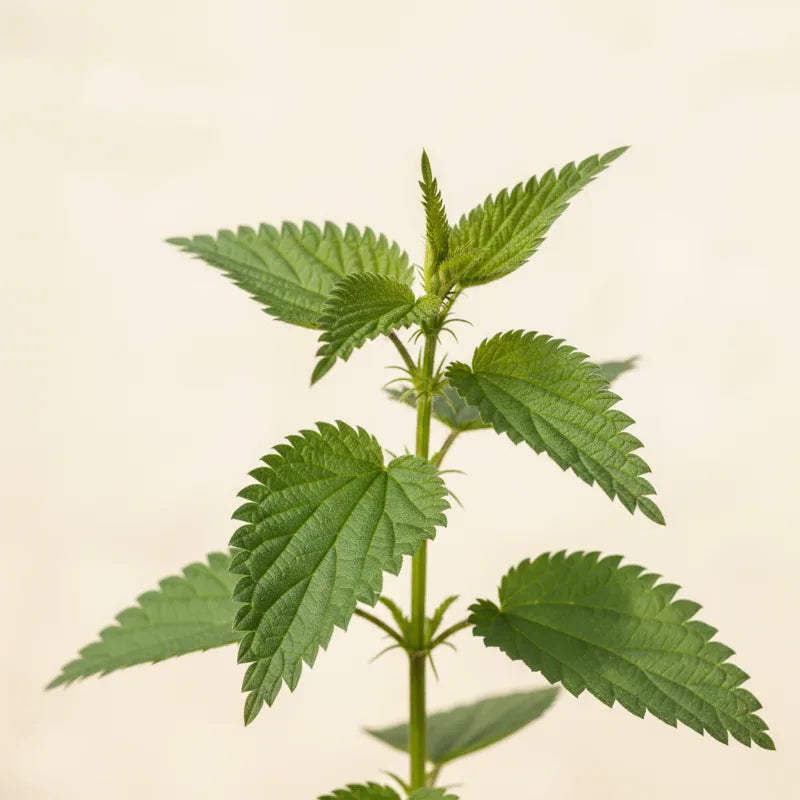 A sprig of fresh nettle with deep green serrated leaves