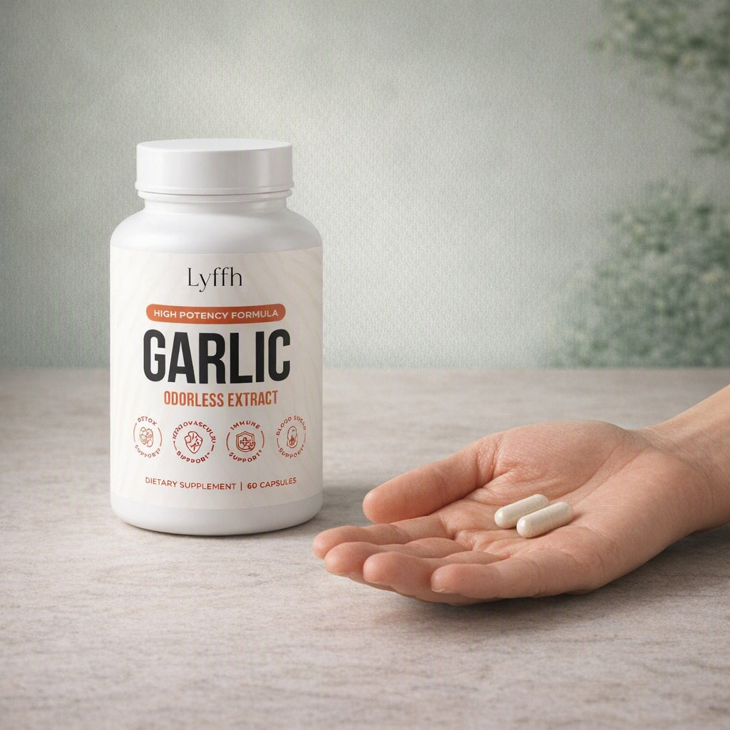 Odorless Garlic Extract Capsules bottle beside a hand holding two capsules