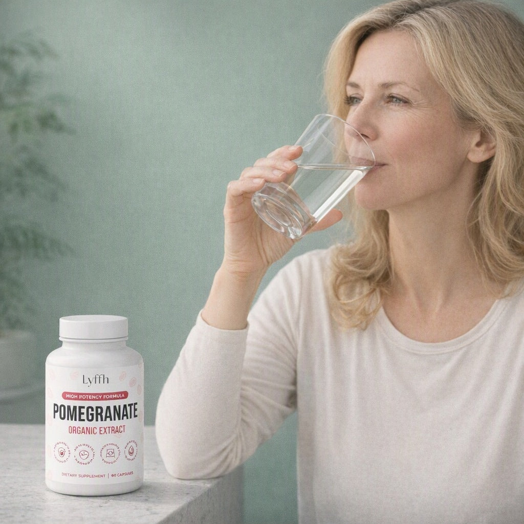 A person drinking a glass of water with the Organic Pomegranate Extract Capsules bottle beside them